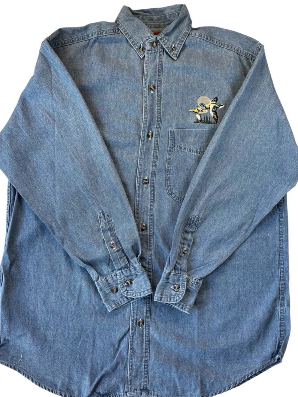Vintage Polar Graphics USA
Mallard Duck Embroidered Blue
Denim Button Up | 2XL